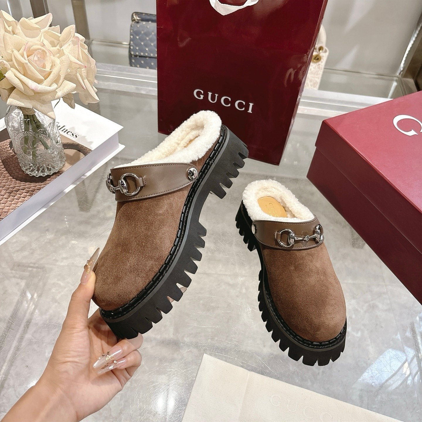 Gvc*1 Horsebit Shearling Mules In Dark Brown Suede