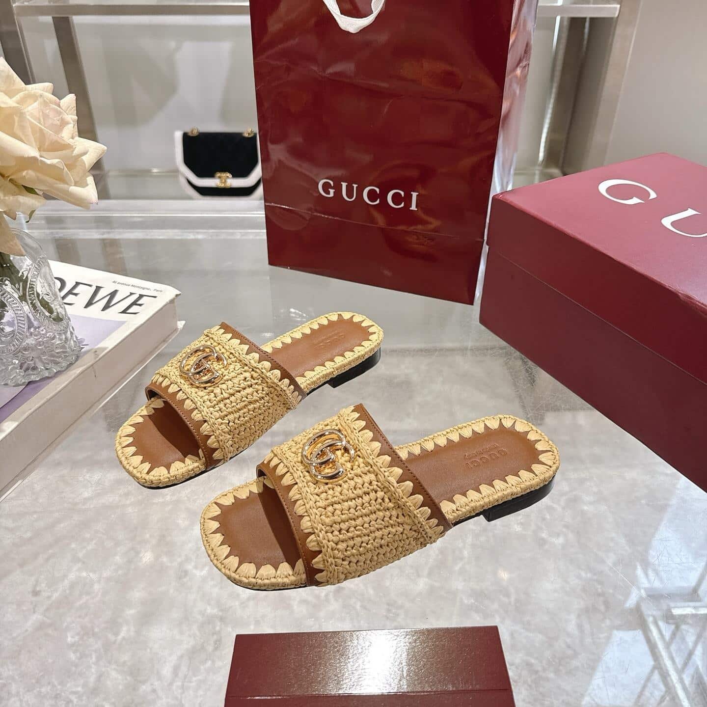 Gvc*1 Women Slide Sandal With Double G Raffia Crochet 835084 Faeq3 9642