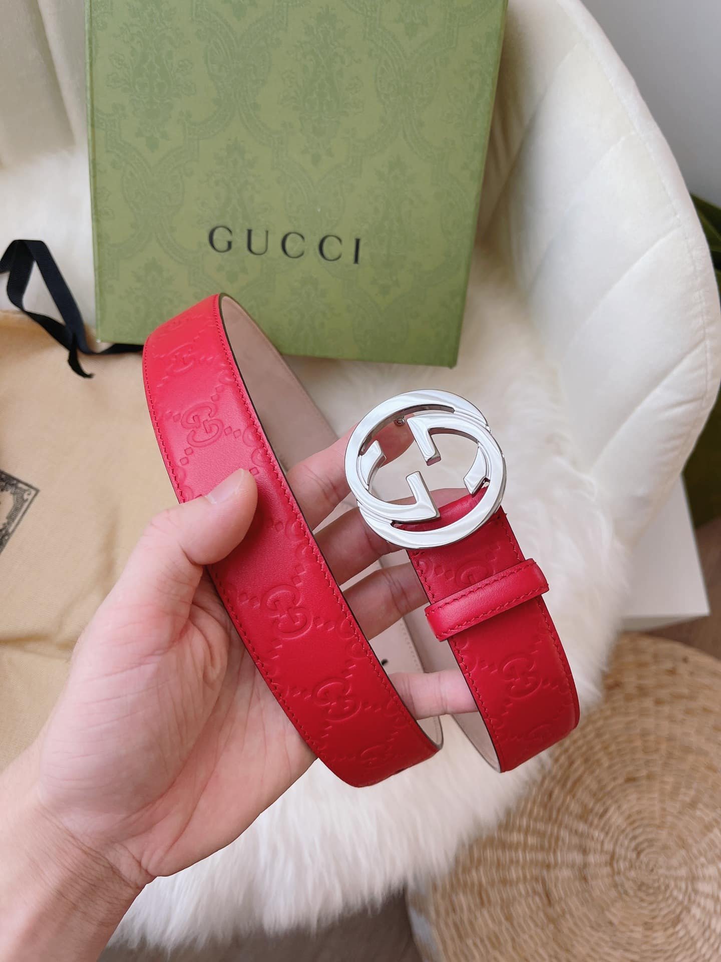 Gvc*1 Calfskin Monogram Red Belt Silver Metal 3.5Cm