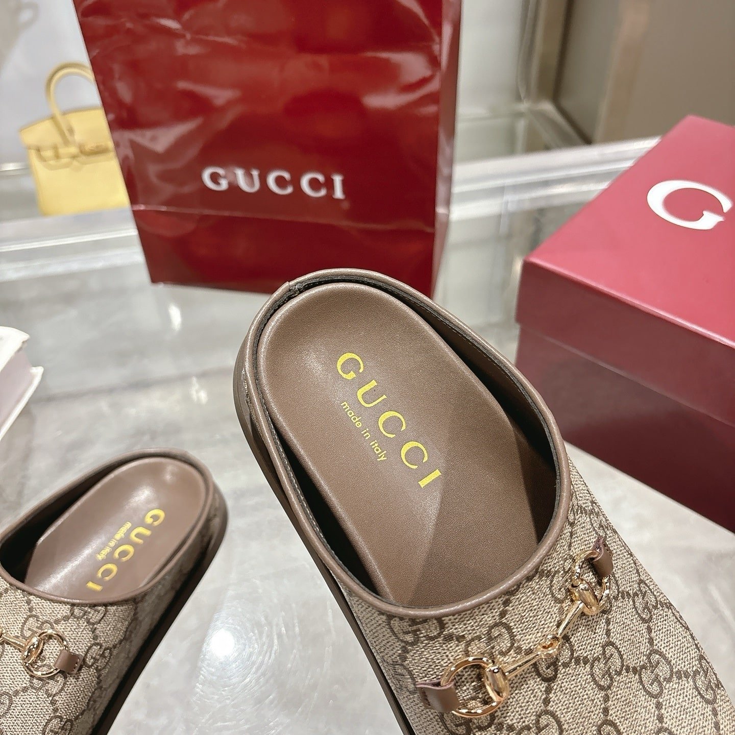 Gvc*1 Women Mule With Horsebit Camel And Dark Brown Gg Canvas 837130 Fab10 2543