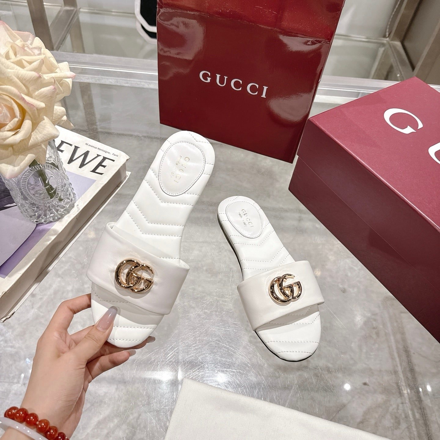 Gvc*1 Women Slide Sandal With Double G White 832449 Bko00 9540