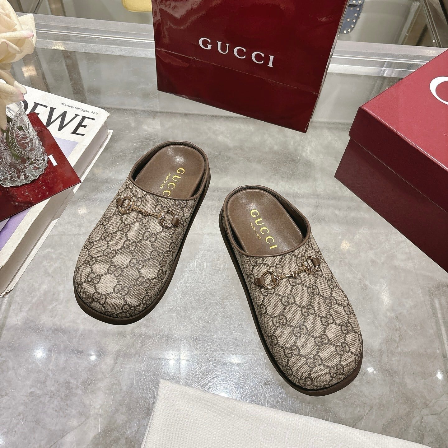 Gvc*1 Women Mule With Horsebit Camel And Dark Brown Gg Canvas 837130 Fab10 2543