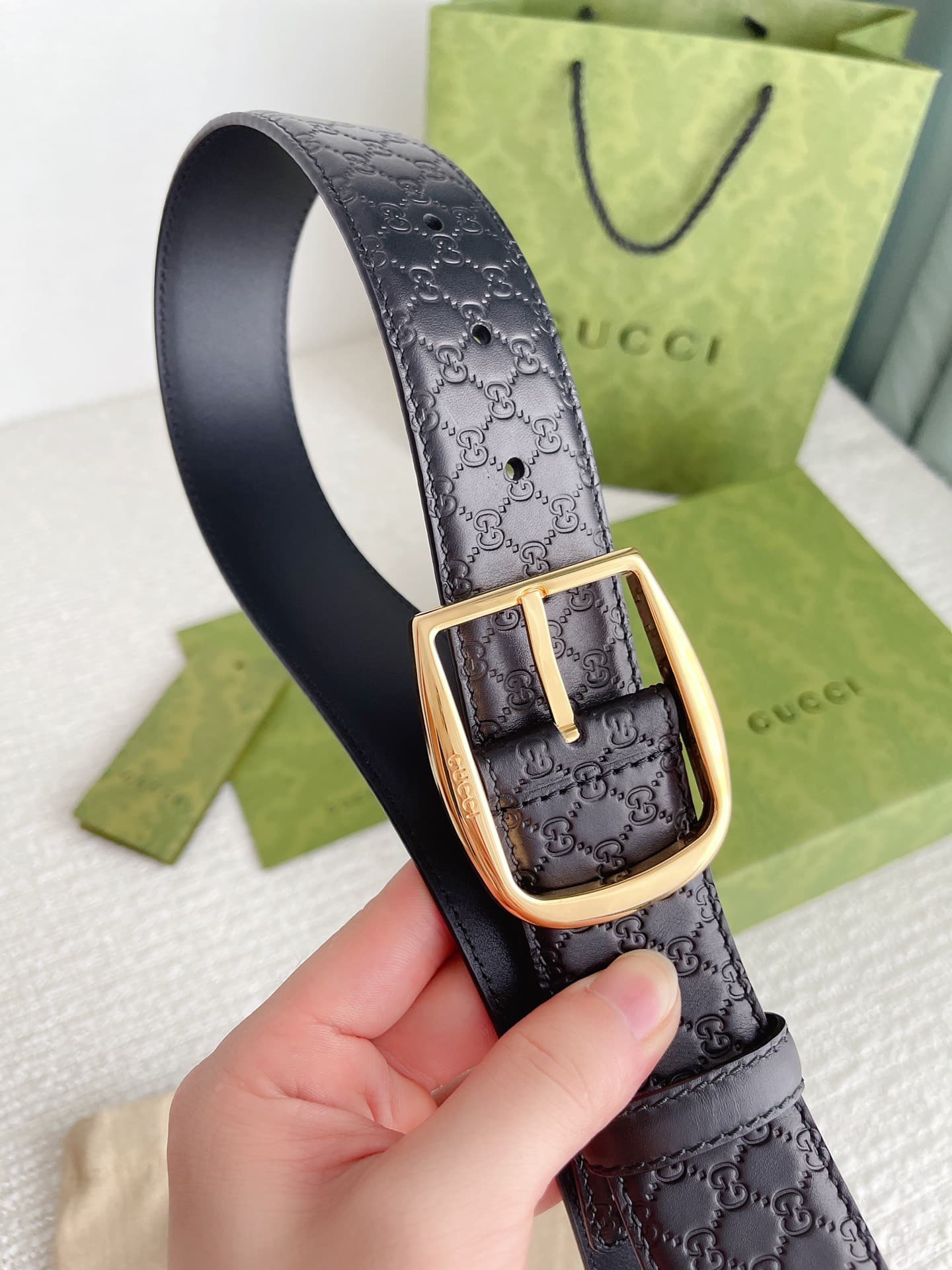 Gvc*1 Calfskin Monogram Black Belt Gold Metal 4Cm