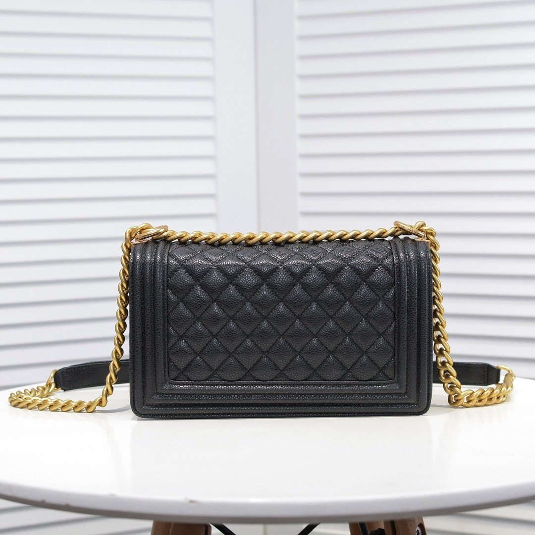Ch**el Boy Medium Handbag Grained And Gold Tone Metal Black 25Cm