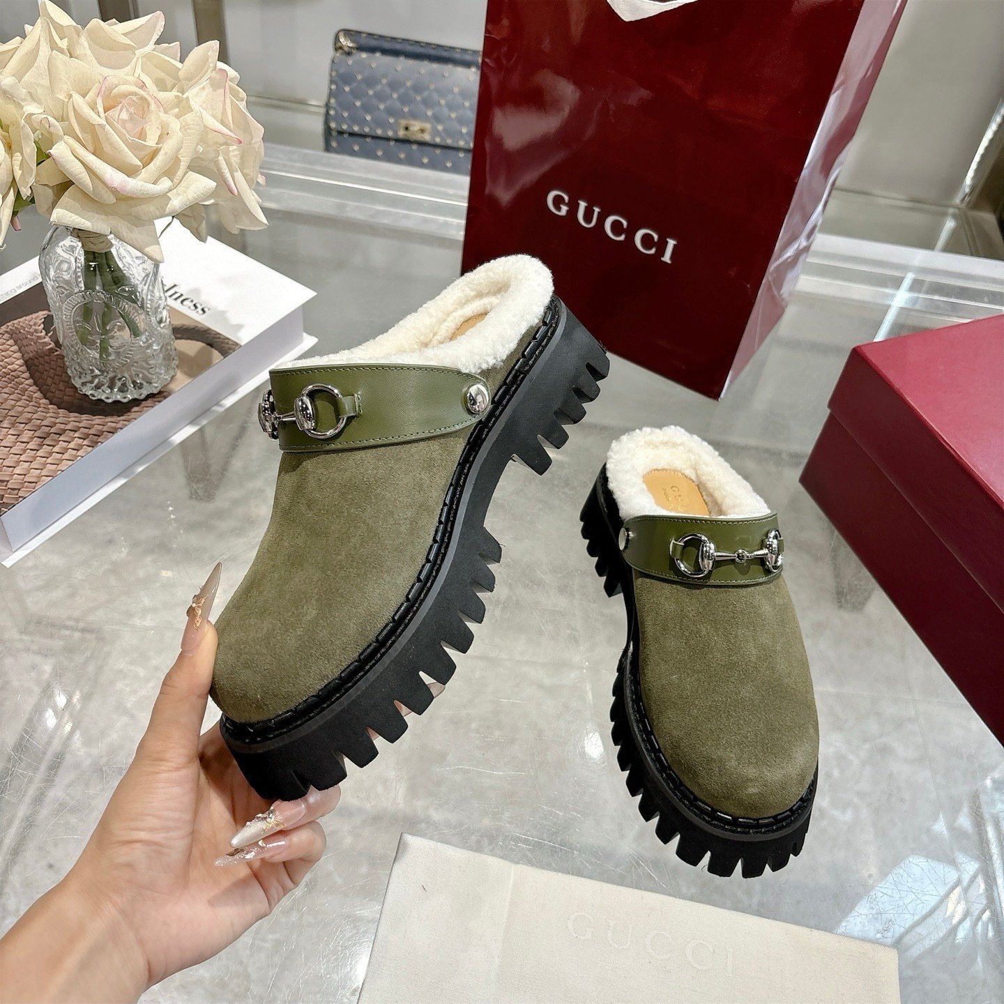 Gvc*1 Horsebit Shearling Mules In Dark Green Suede