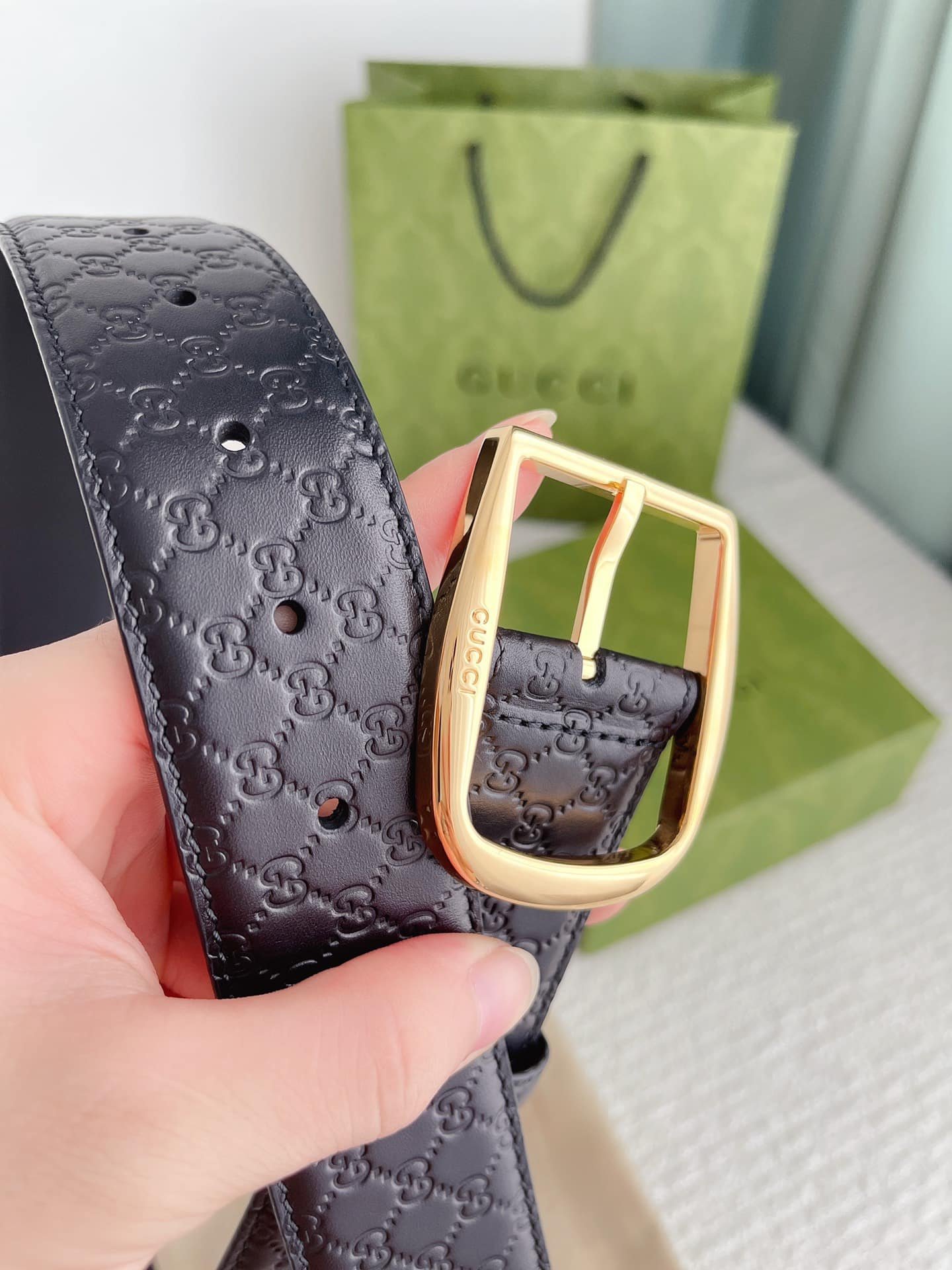 Gvc*1 Calfskin Monogram Black Belt Gold Metal 4Cm