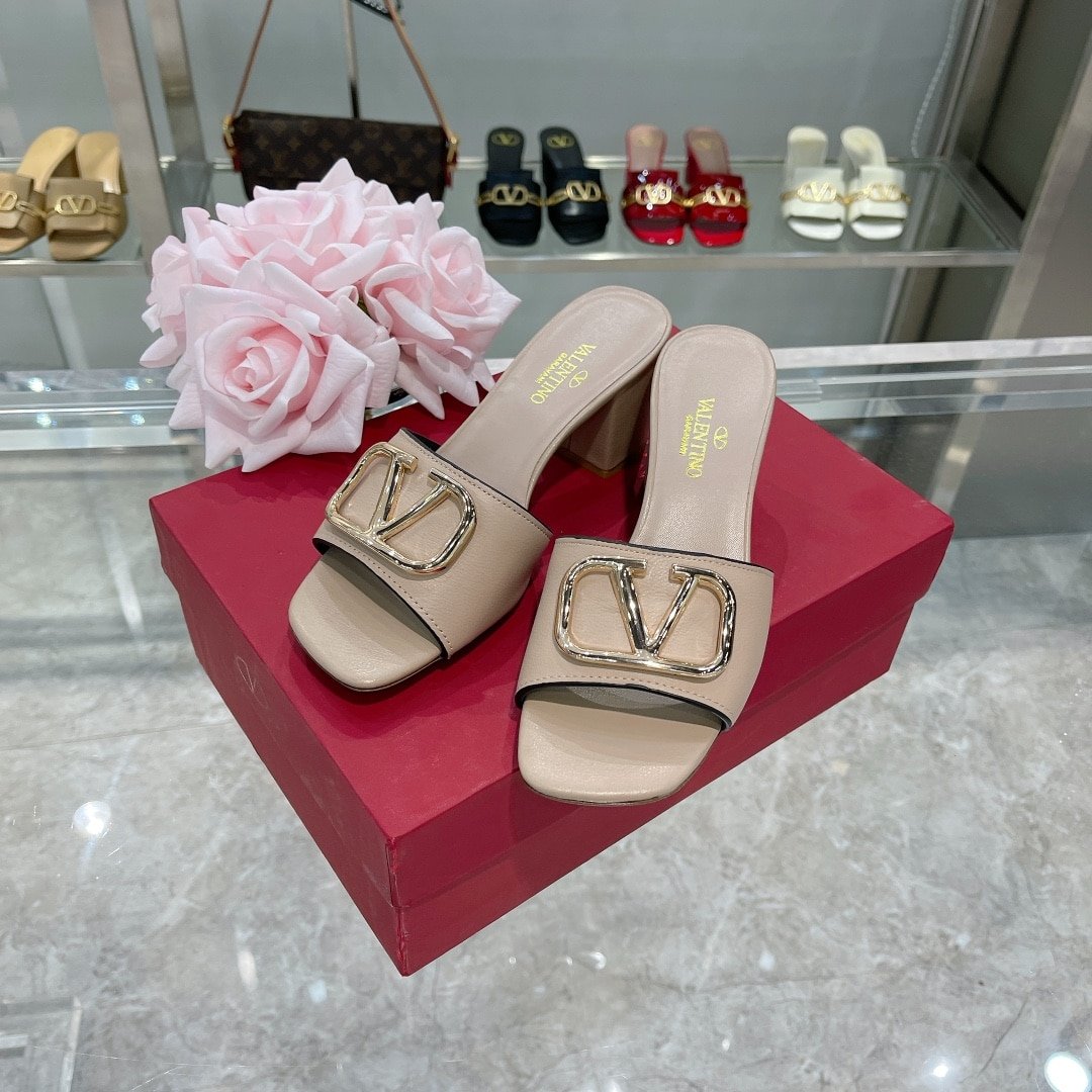 Va1e*ntin0 Vlogo Signature Square Toe Middle Heel Sliver And Poudre Slide Sandal