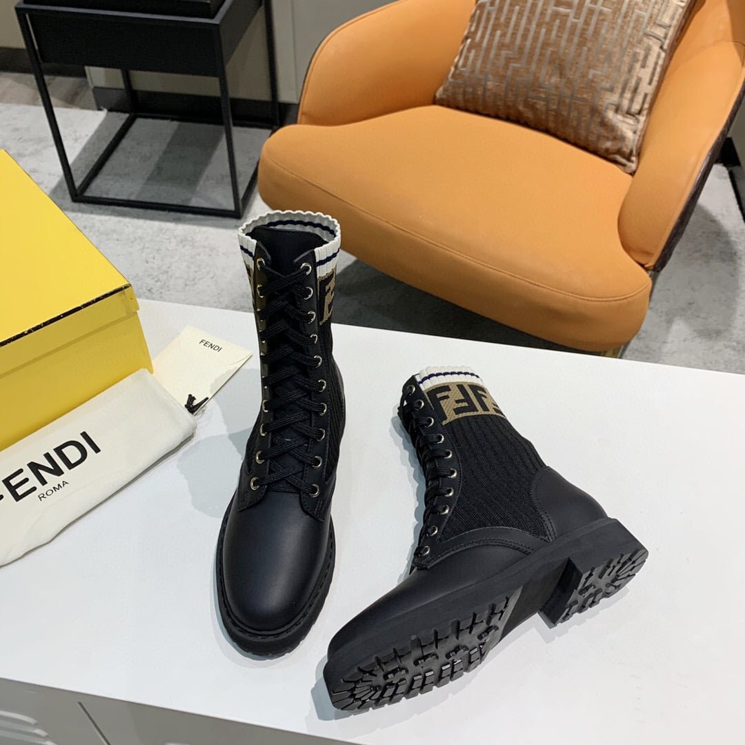 F**di Leather Biker Boots With Beige Ff Cuff Black