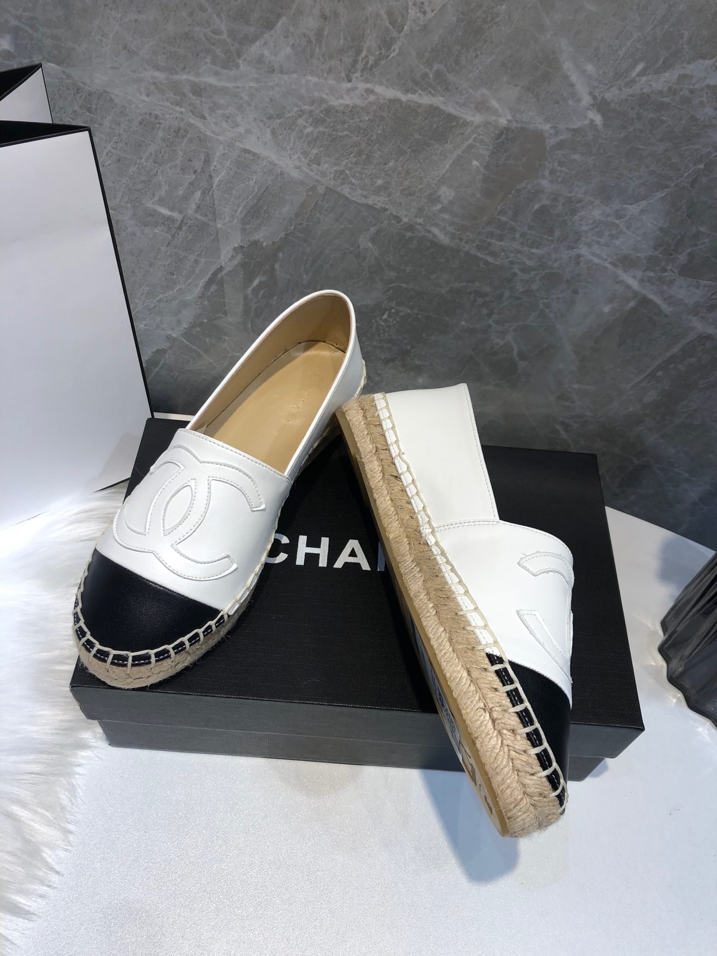 Ch**el Embroidered Espadrille Leather Black Cap Toe Flats White Cc