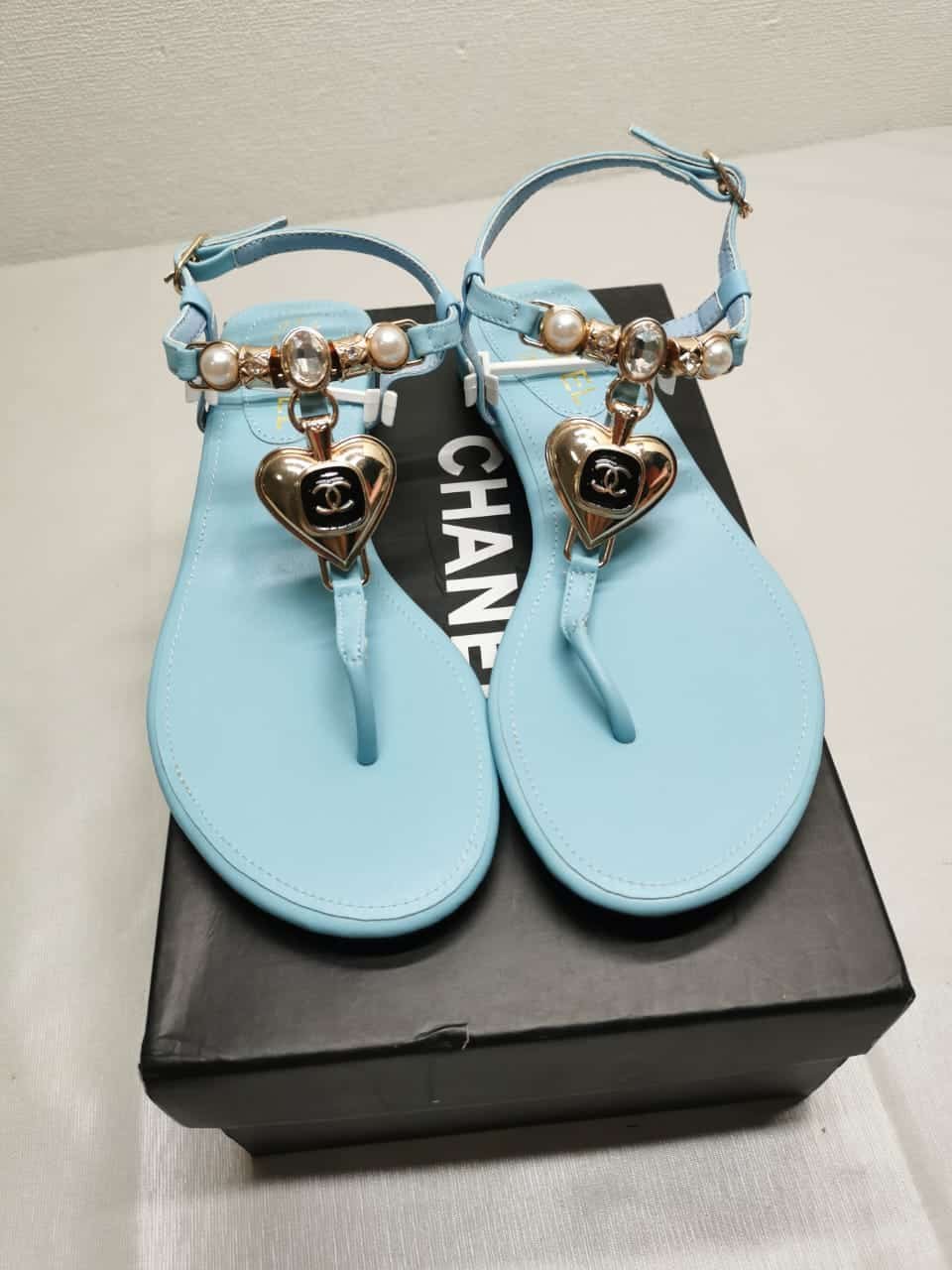 Ch**el Shiny Pearl Crystal Cc Heart Thong Sandals Light Blue