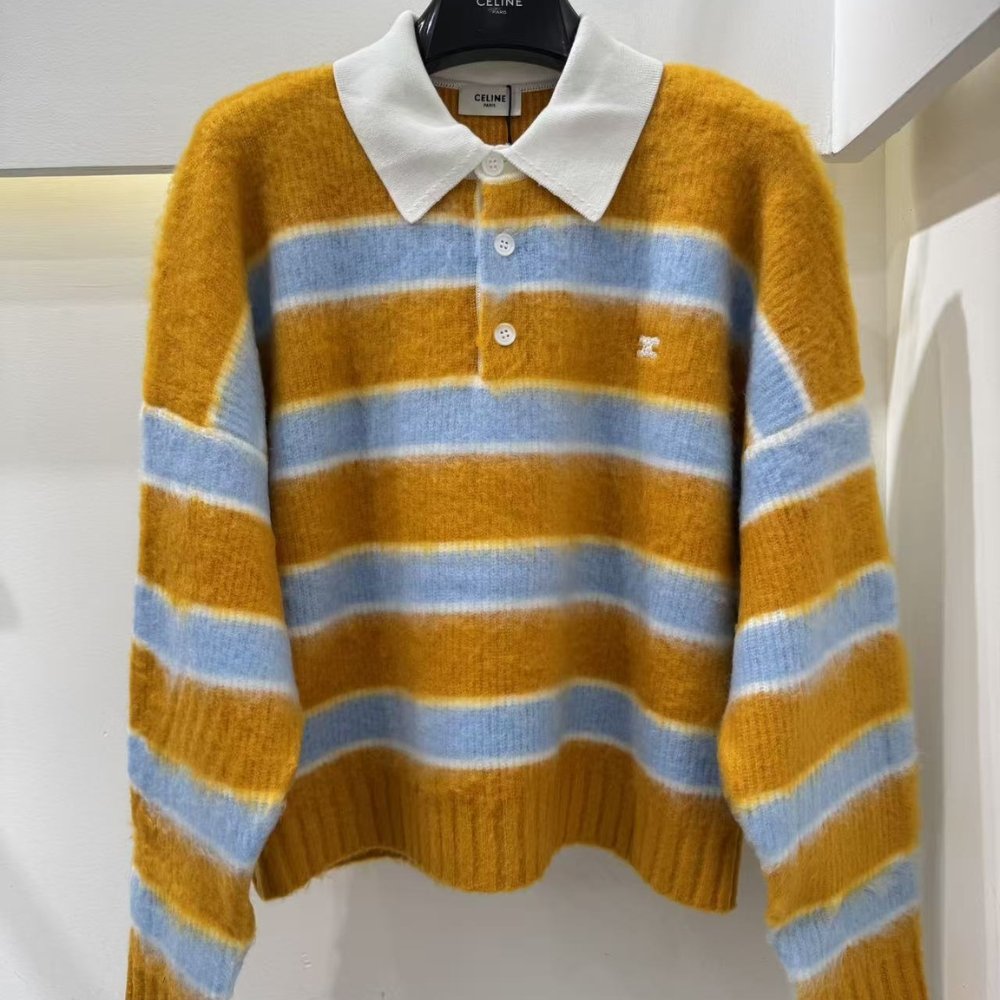 Ce1i*e Polo Sweater In Brushed Striped Cotton Ochre And Light Blue Ry0Fq0Zqj Gbo7