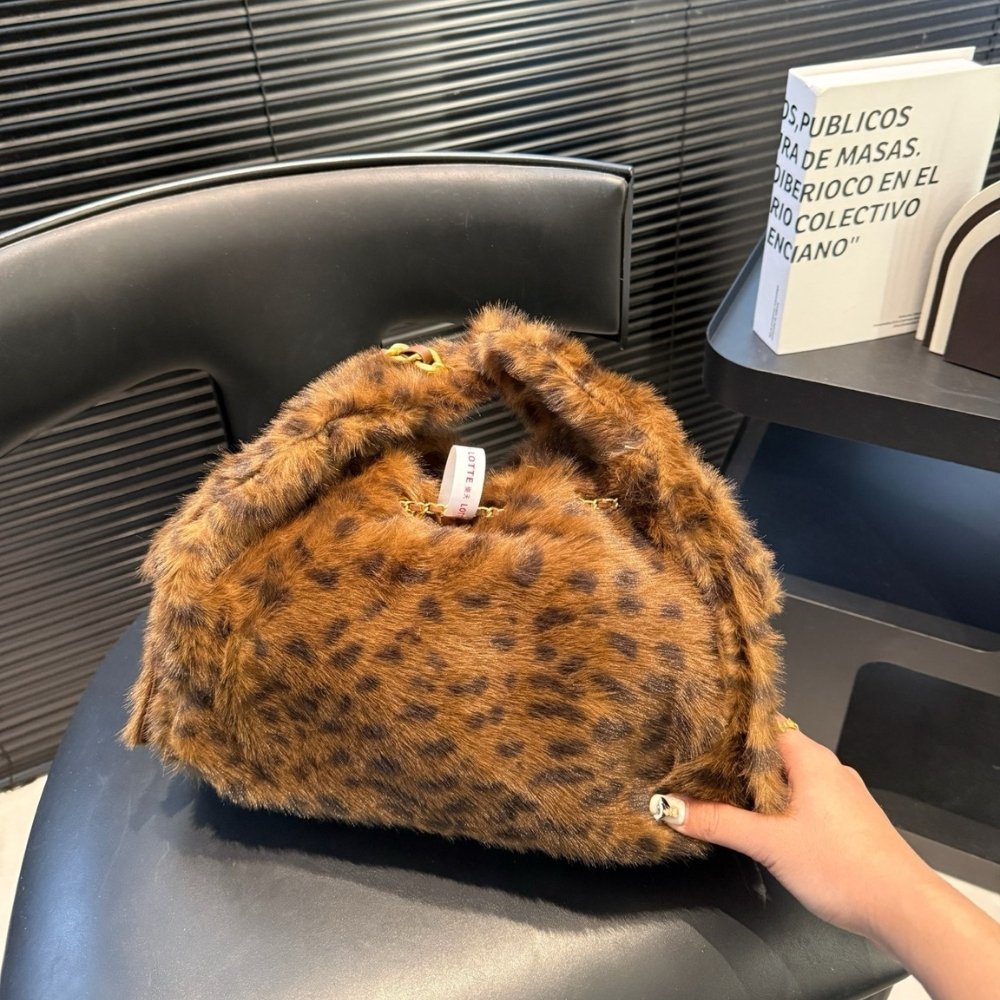 Ch**el 25 Small Handbag Faux Leopard Fur And Gold Tone Metal Brown 28Cm