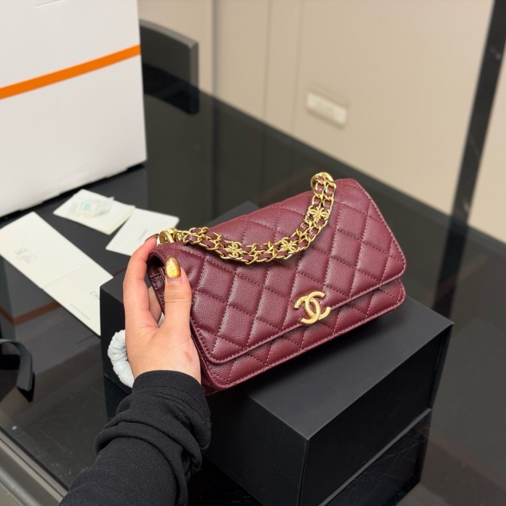 Ch**el Wallet On Chain Gold Tone Metal Dark Burgundy 19Cm