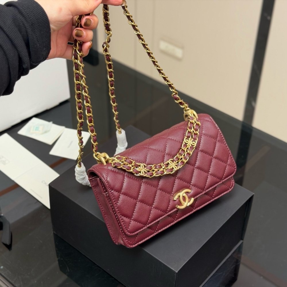 Ch**el Wallet On Chain Gold Tone Metal Dark Burgundy 19Cm