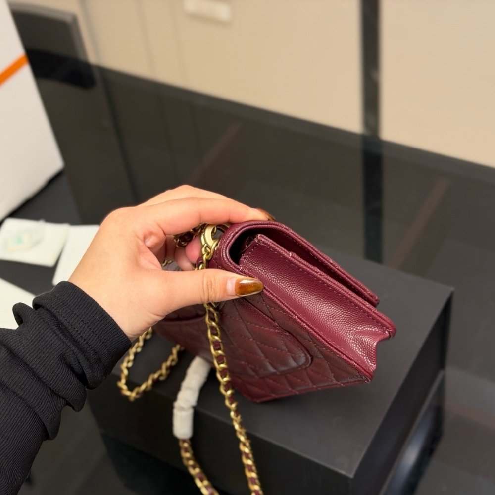 Ch**el Wallet On Chain Gold Tone Metal Dark Burgundy 19Cm