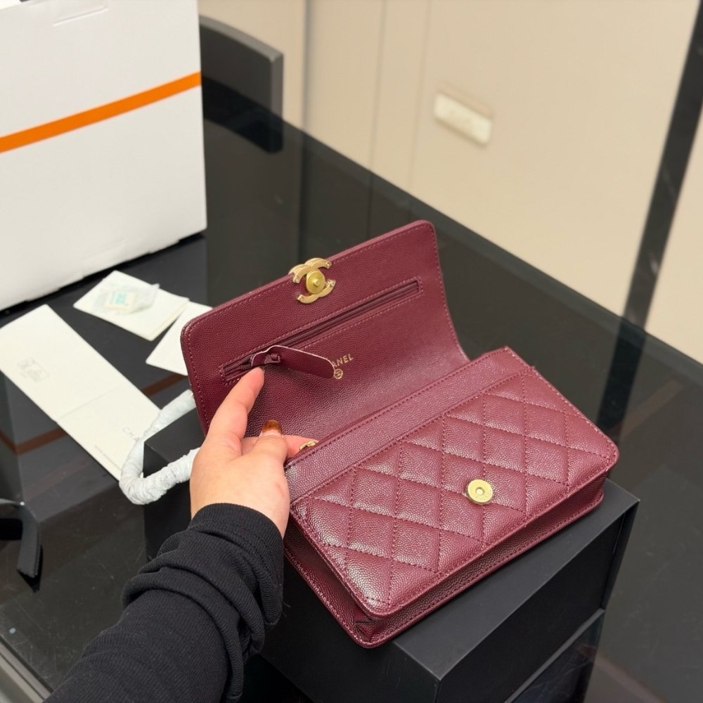 Ch**el Wallet On Chain Gold Tone Metal Dark Burgundy 19Cm