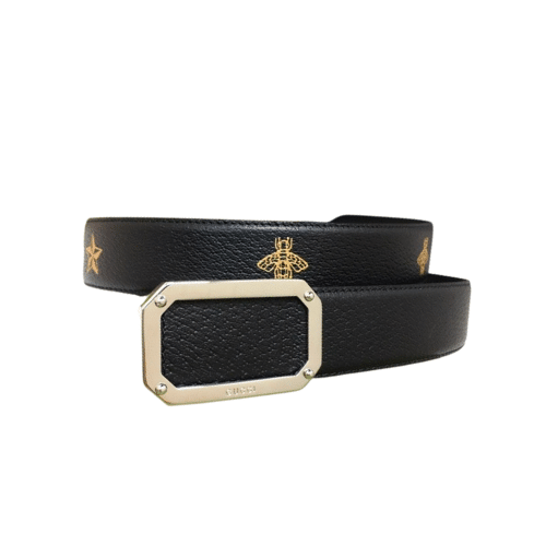 Gvc*1 Black Belt With Square Silver Buckle And Bee Star 35Mm