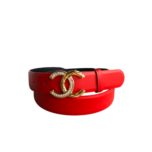 Ch**el Leather Belt With Cc Pearl And Gold Tone Metal Red 3Cm