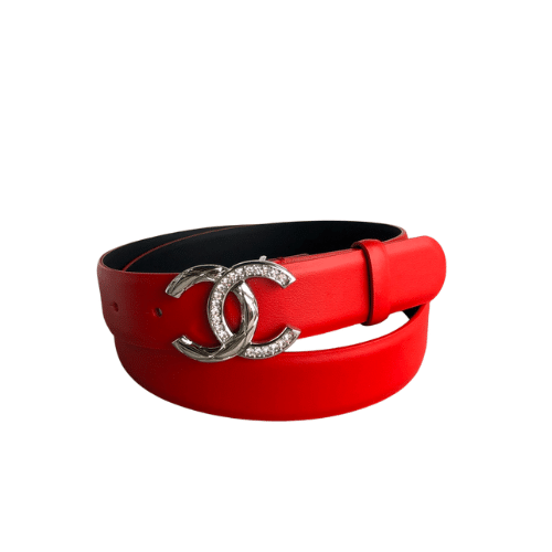Ch**el Leather Belt With Cc Pearl And Silver Tone Metal Red 3Cm