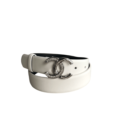 Ch**el Leather Belt With Cc Pearl And Silver Tone Metal White 3Cm