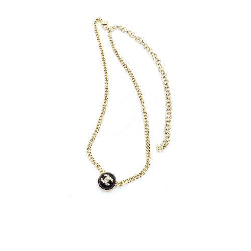 Ch**el Logo Cc Necklace In Gold Metal Black Resin