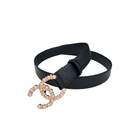 Ch**el Cc Gold Plated Belt Leather With Pearls 28Mm