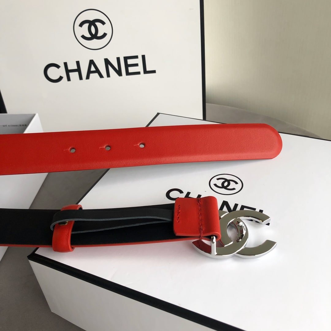 Ch**el Leather Belt With Cc Pearl And Silver Tone Metal Red 3Cm