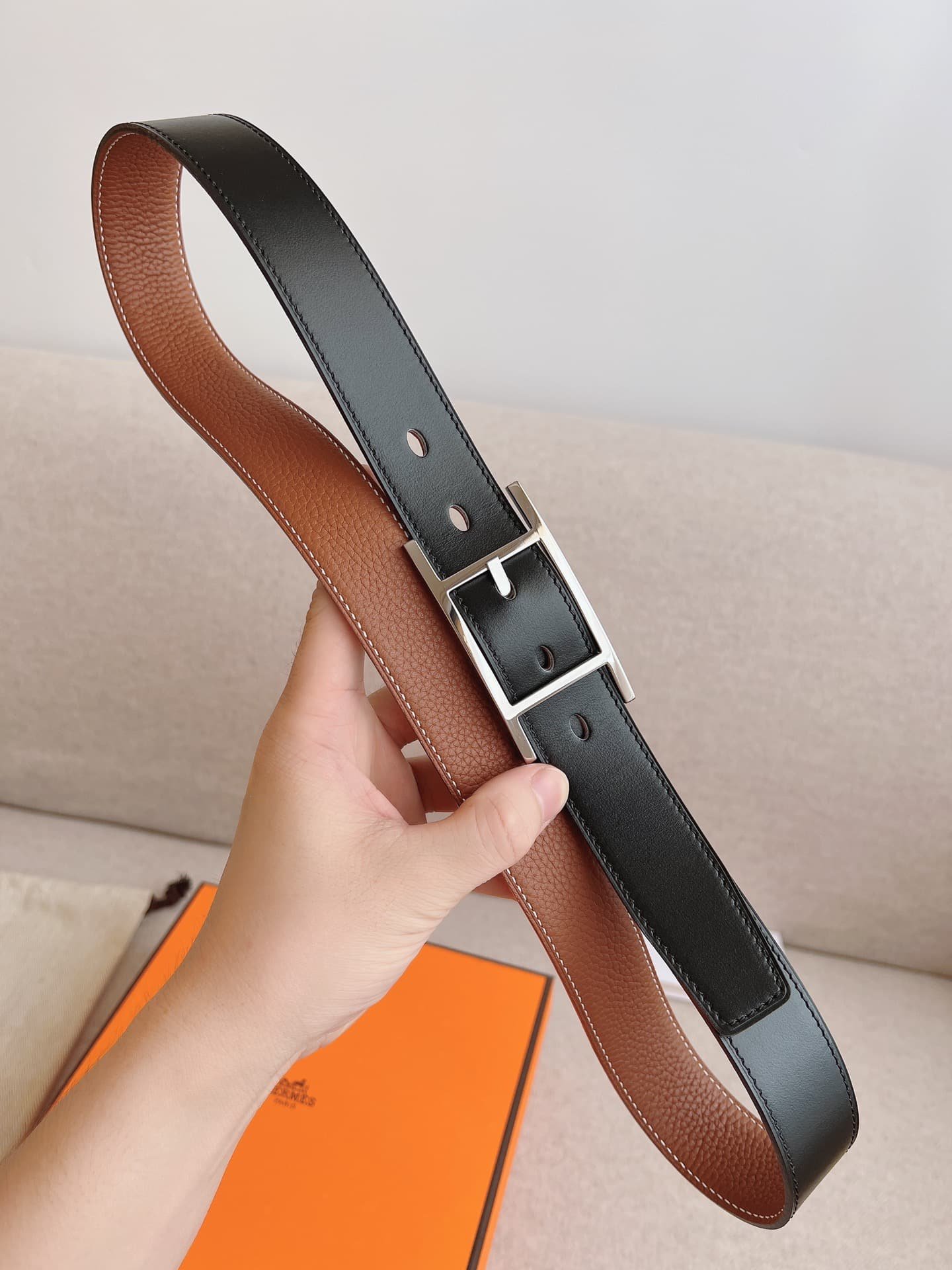 H**me5 Quentin Reversible Belt Brown Silver Metal 32Mm