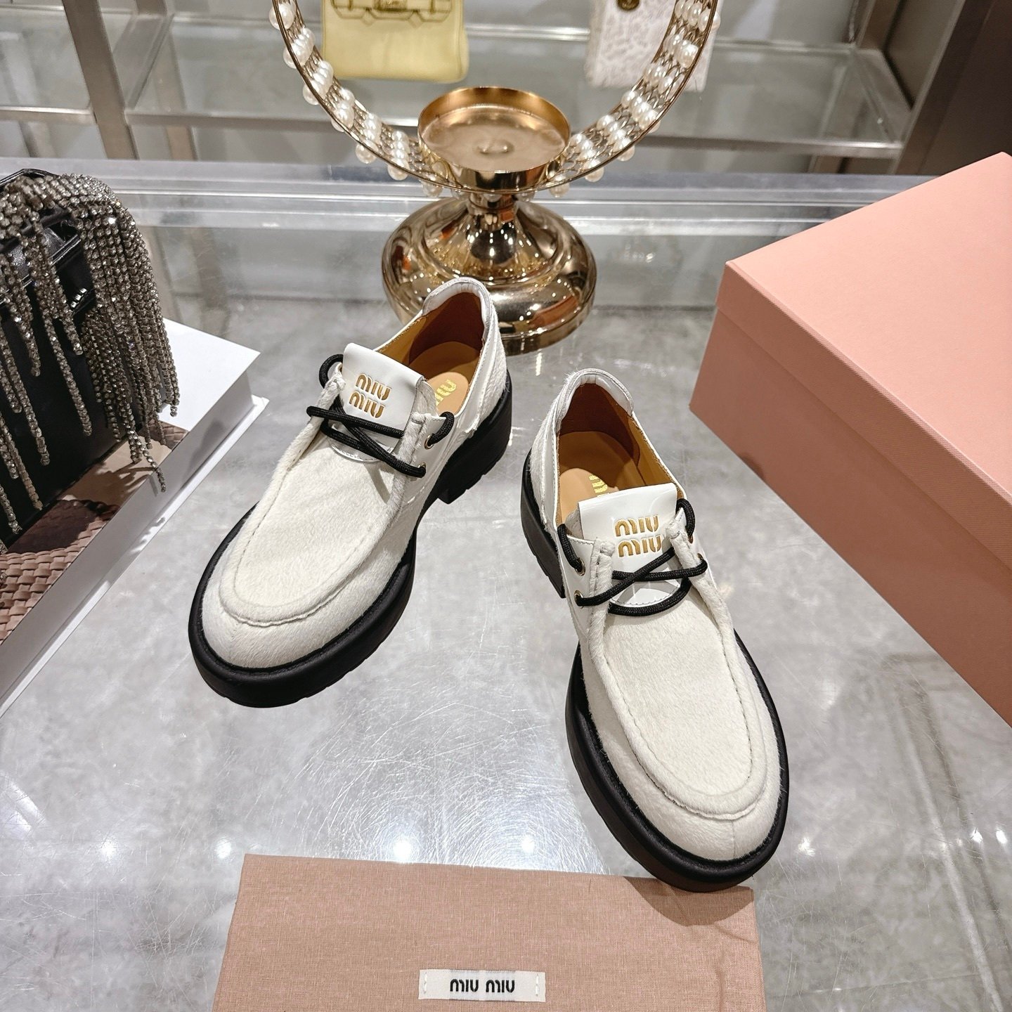 M1um1u  Leather And Calf Hair Leather Laced Shoes Ivory 5E964D 2Hio F0304 F D055