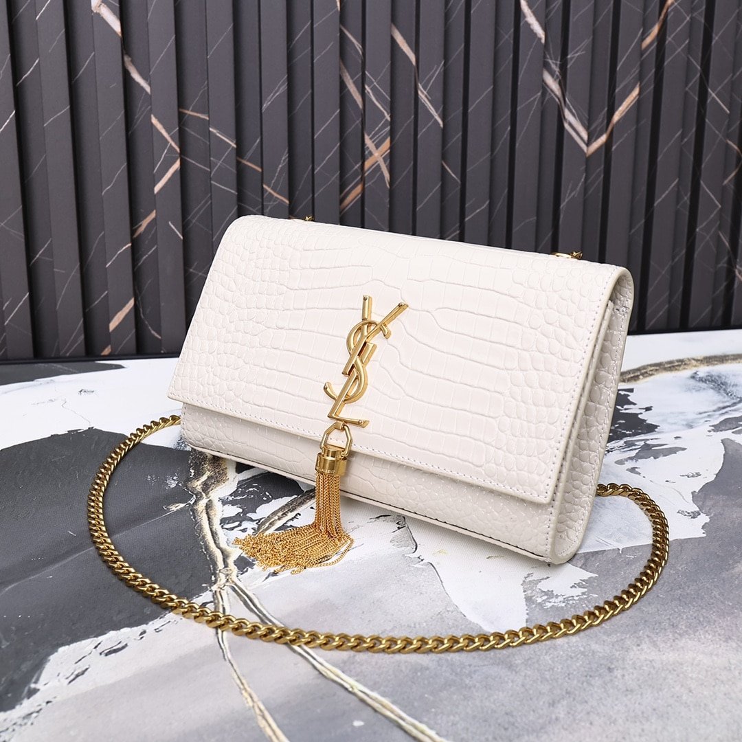 Sa1nt Lau*nt Kate Medium Chain Bag With Tassel In Crocodile-Embossed Shiny White 354119Dnd0J9207
