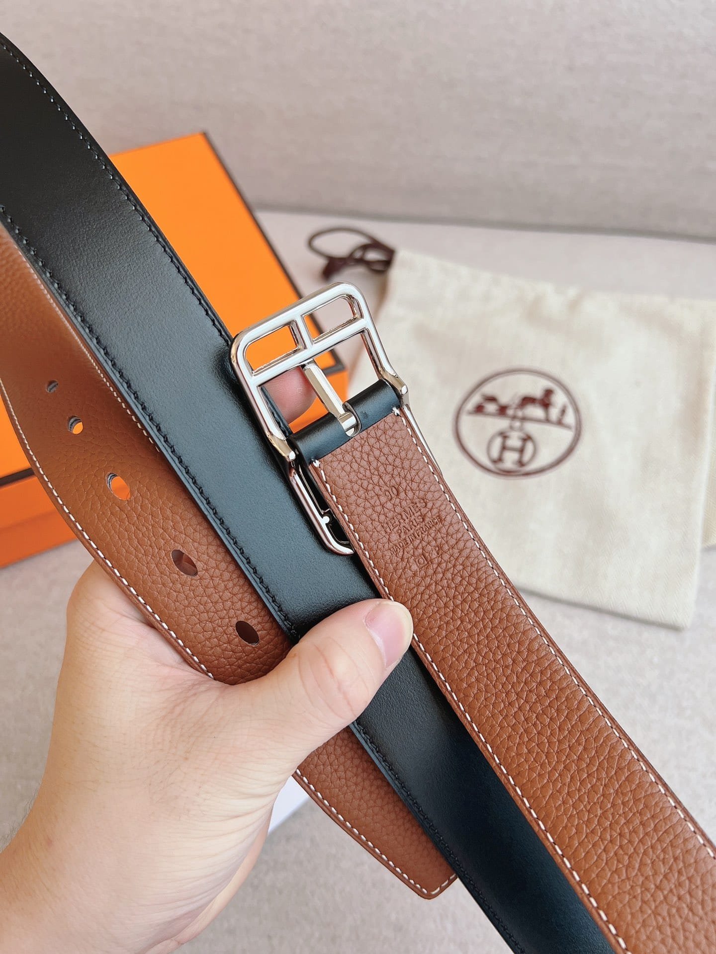 H**me5 Quentin Reversible Belt Brown Rectangle Buckle 32Mm