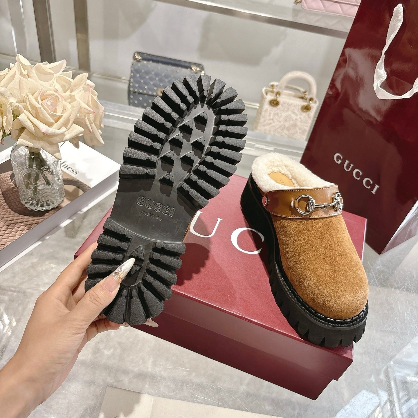 Gvc*1 Horsebit Shearling Mules In Brown Suede