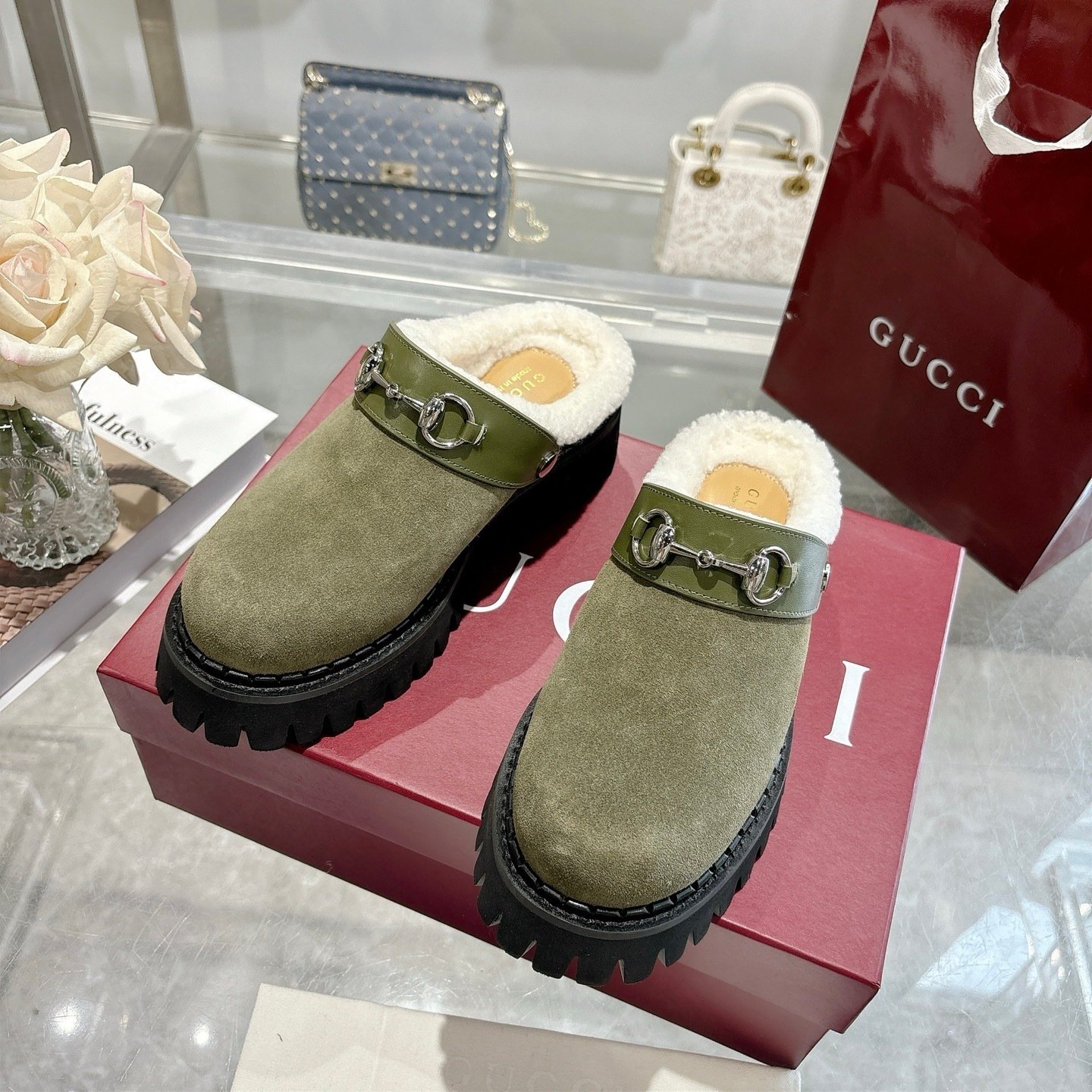 Gvc*1 Horsebit Shearling Mules In Dark Green Suede