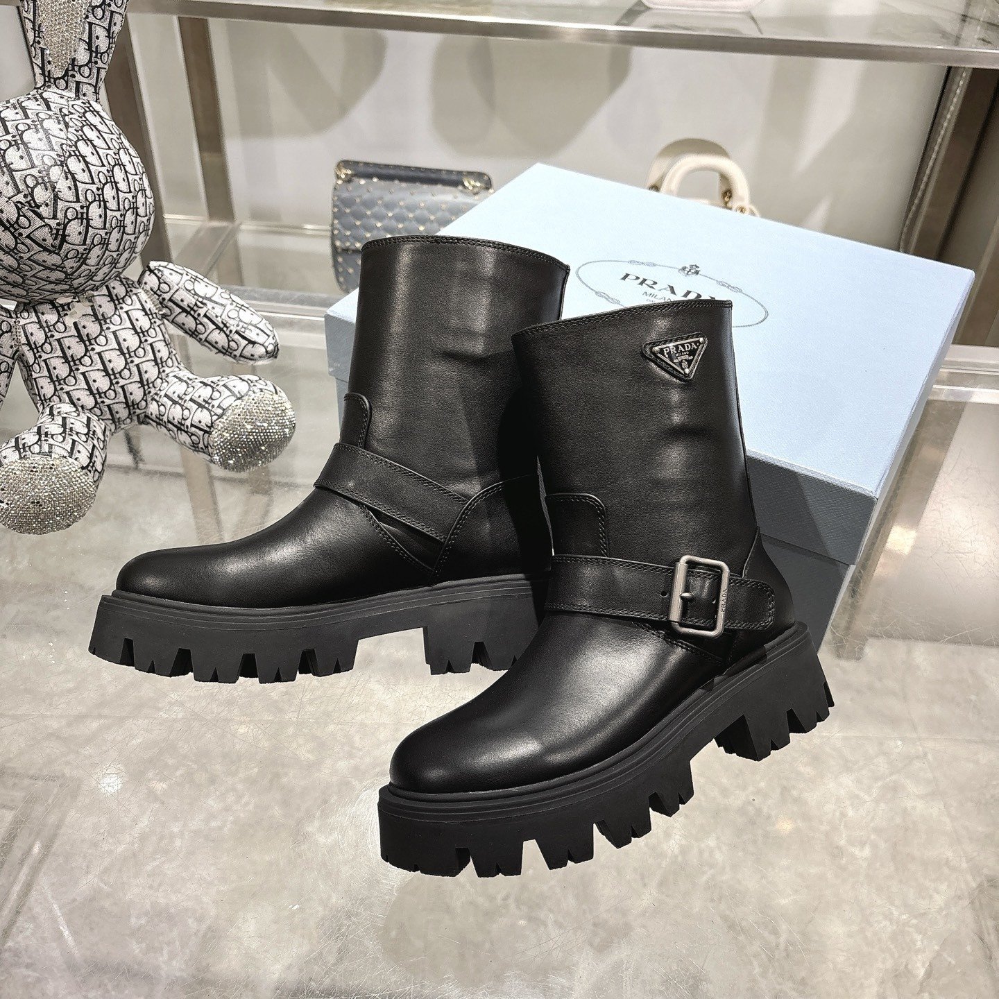Pra*a Leather Booties Black 1U187O Uze F0002 F 050