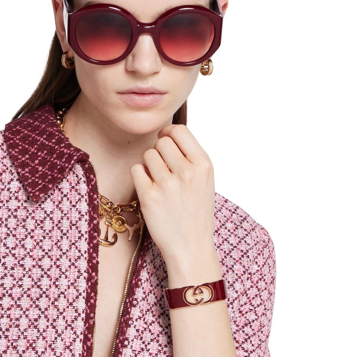 Set Gvc*1 Cuff Bracelet And Ring Interlocking Enamel Red Gold Tone