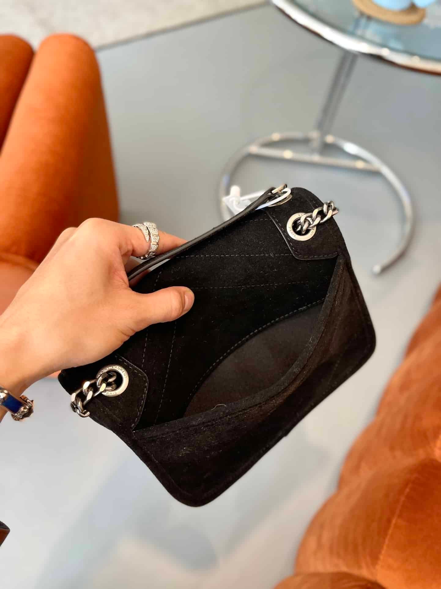 Sa1nt Lau*nt Niki Medium Quilted Suede Shoulder Bag Black