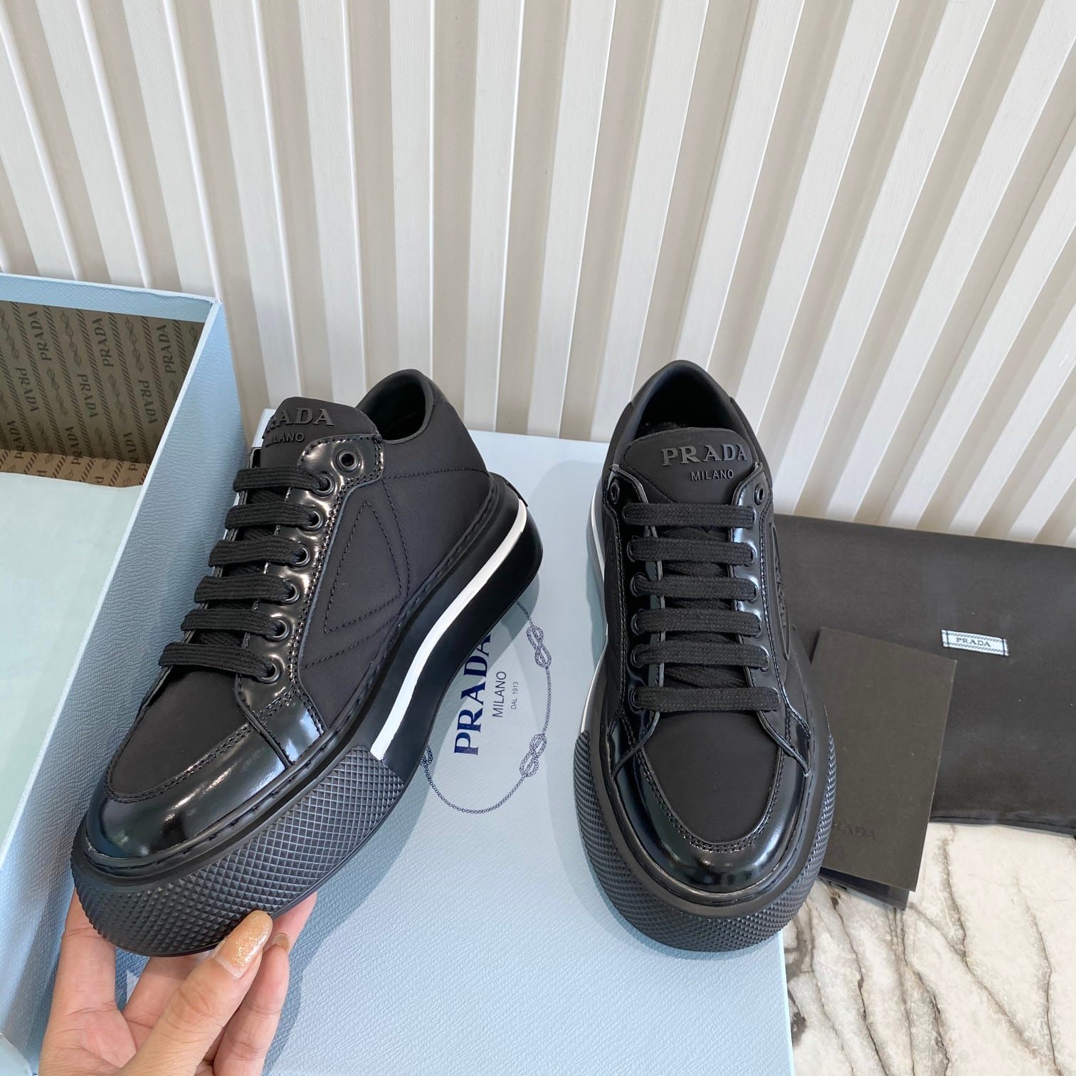 Pra*a Macro Re-Nylon And Brushed Leather Sneakers Black 2Eg3763Lf5F0632