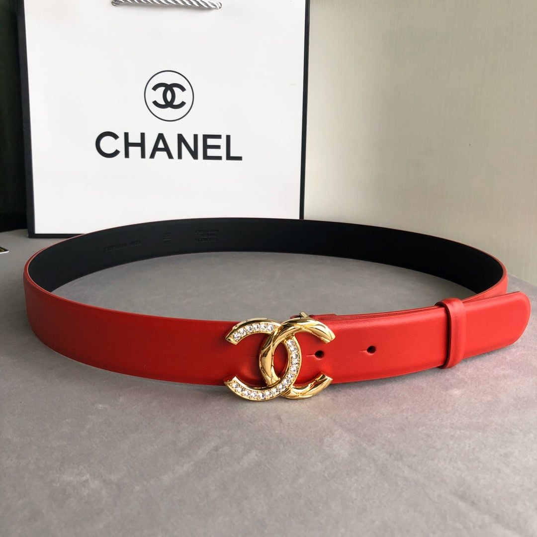 Ch**el Leather Belt With Cc Pearl And Gold Tone Metal Red 3Cm