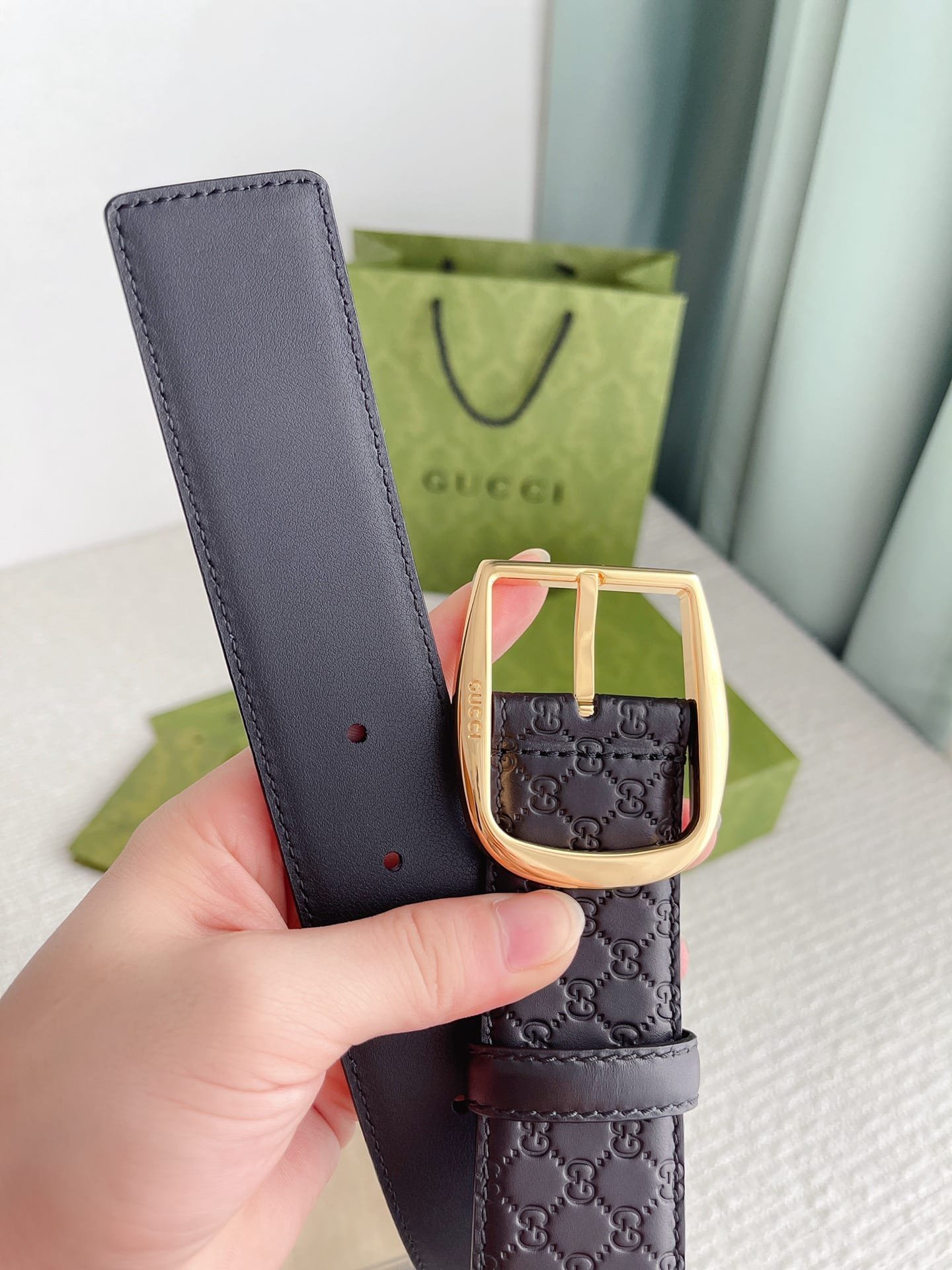 Gvc*1 Calfskin Monogram Black Belt Gold Metal 4Cm
