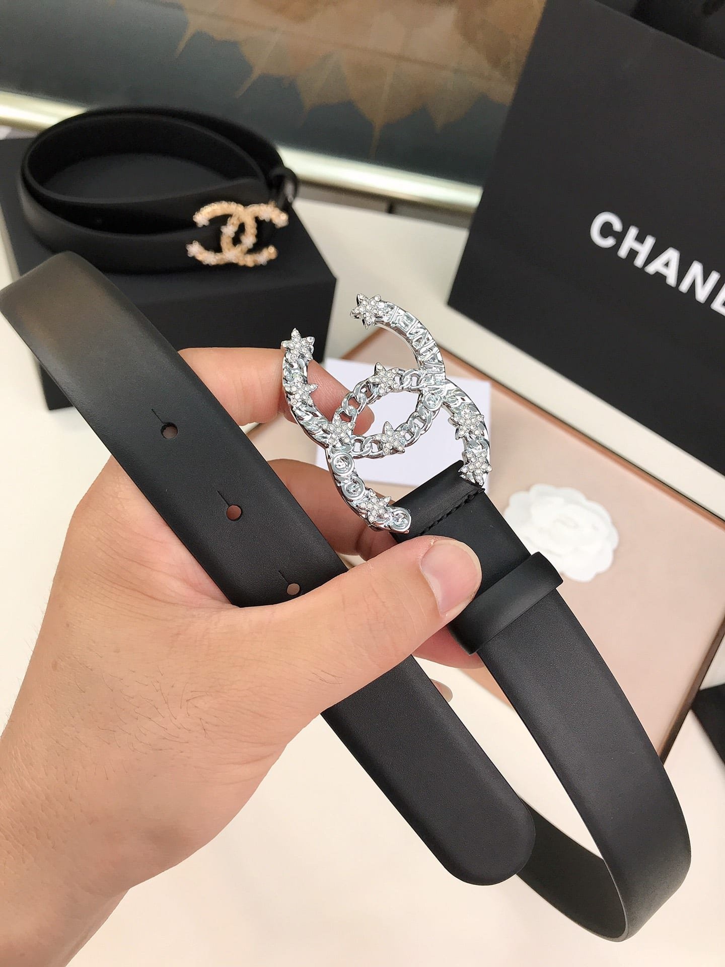 Ch**el Pearls Crystal Sliver Black Belt 28Mm