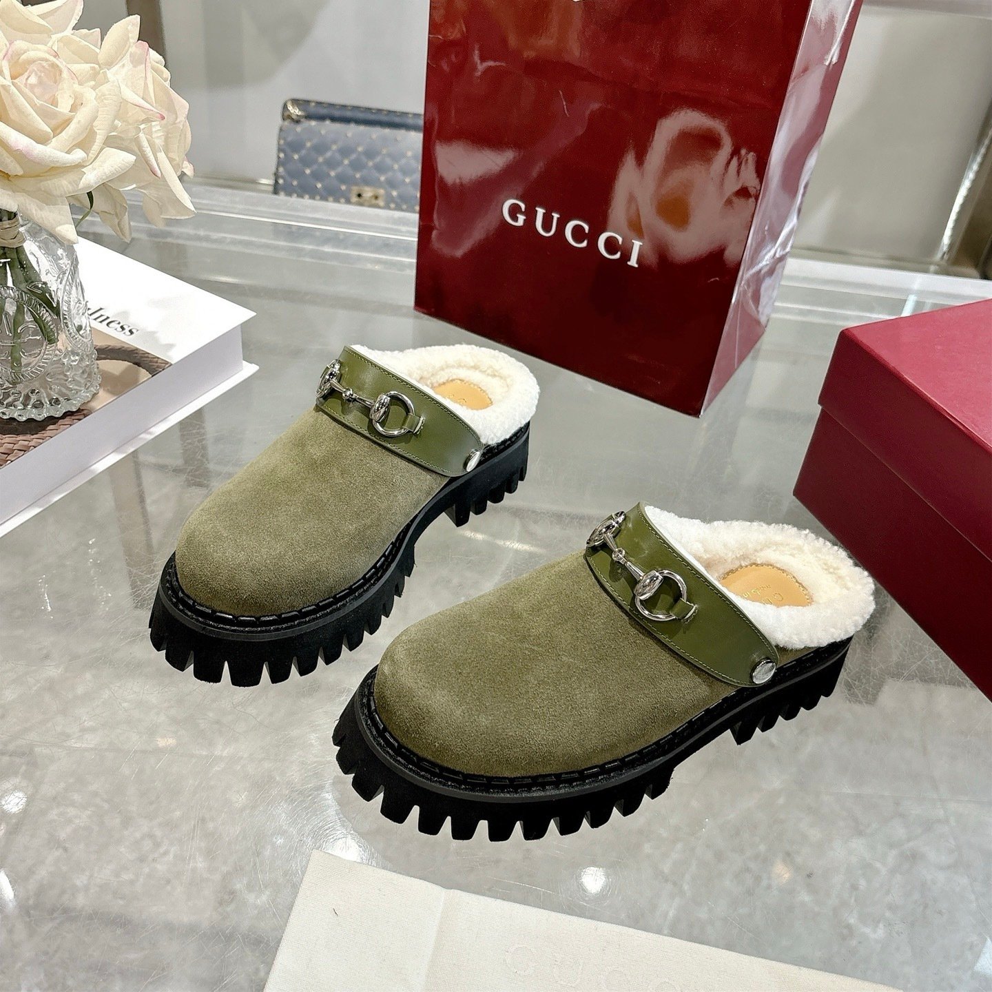 Gvc*1 Horsebit Shearling Mules In Dark Green Suede