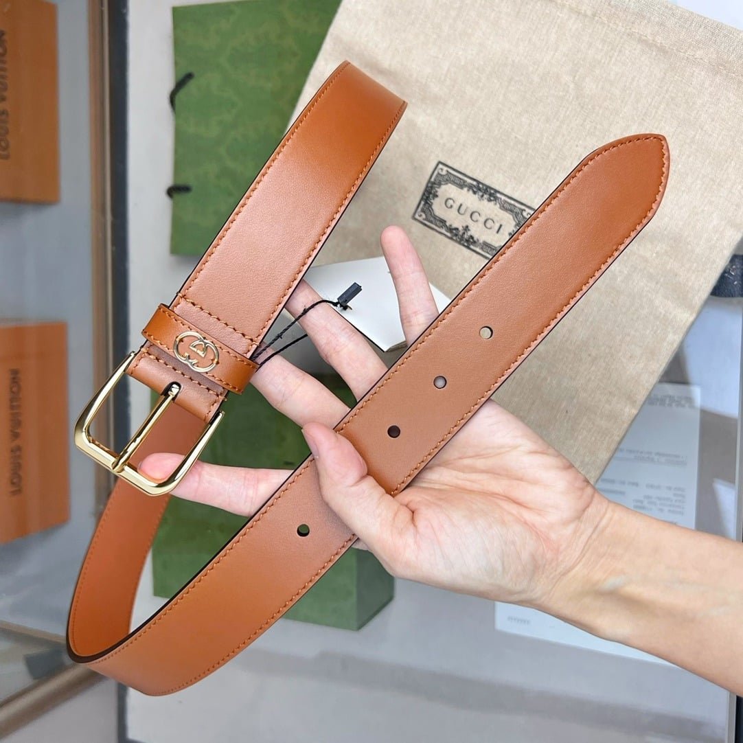 Gvc*1 Belt With Square Buckle And Interlocking G Gold Metal Brown 35Mm 673921 Ap00G 2535