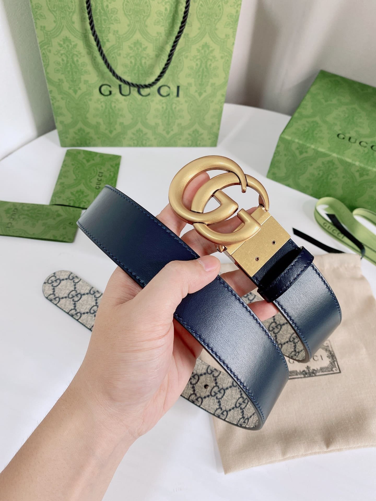 Gvc*1 Gg Marmont Reversible Belt Gold Metal Beige Blue 38Mm 659416 92Tic 9769