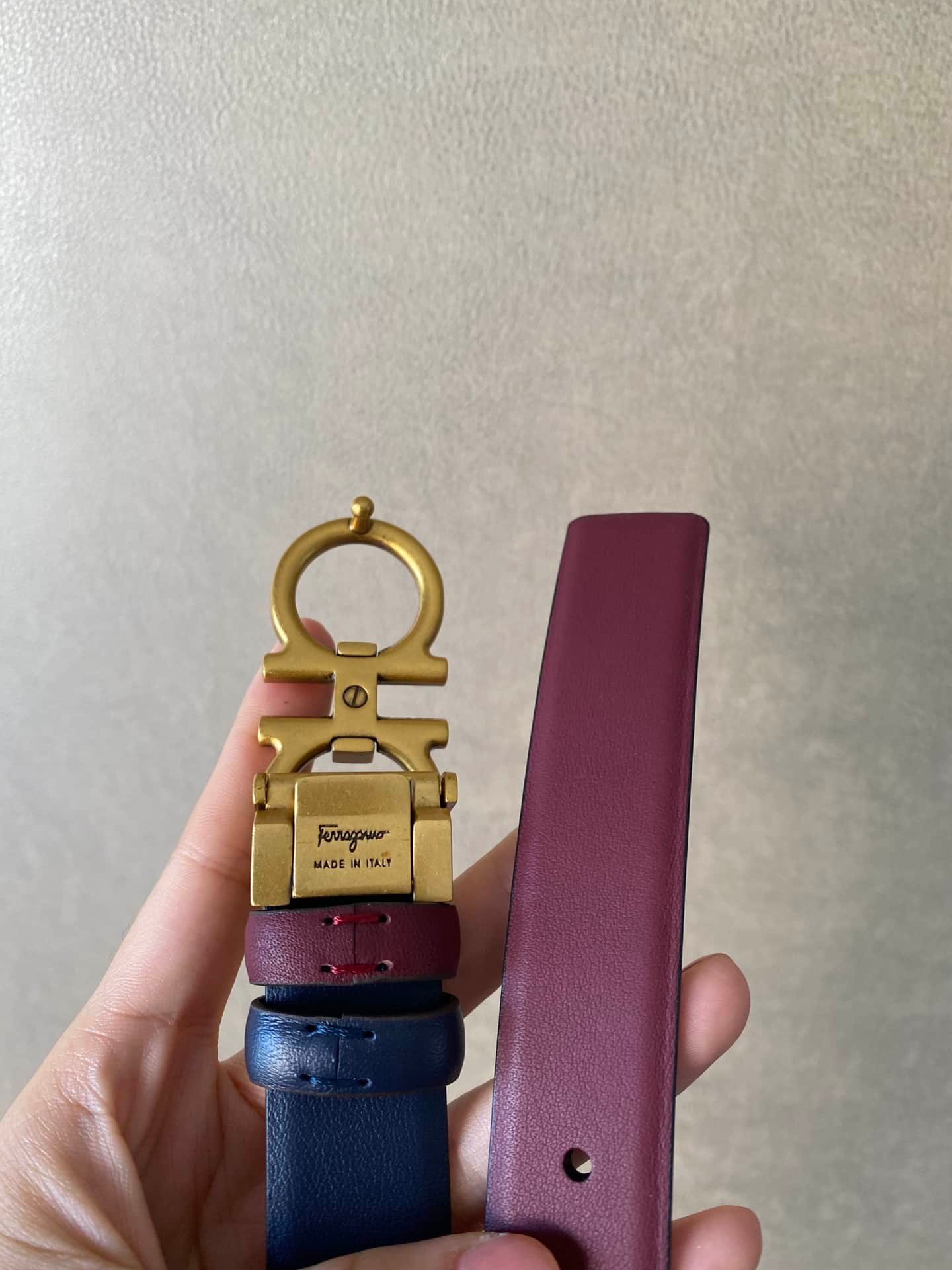 Salvatore Ferragamo Gancini Plum Red Leather Belt With Gold Metal Buckle 2.5Cm