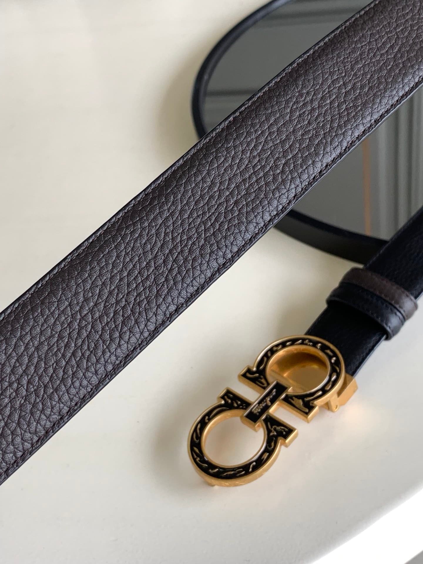 Salvatore Ferragamo Reversible And Gancini Gold Pattern Belt 3.5Cm