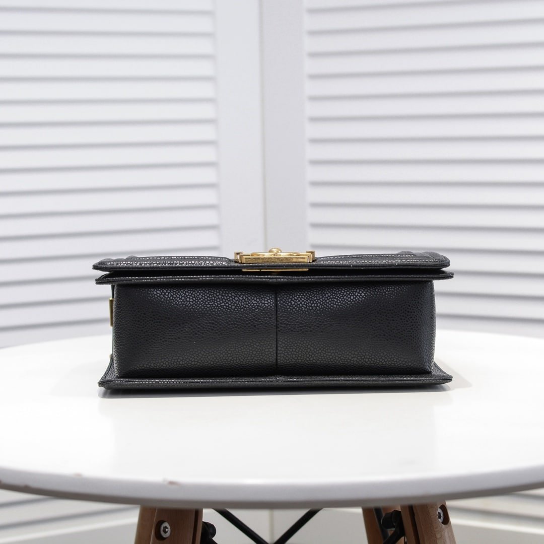 Ch**el Boy Medium Handbag Grained And Gold Tone Metal Black 25Cm