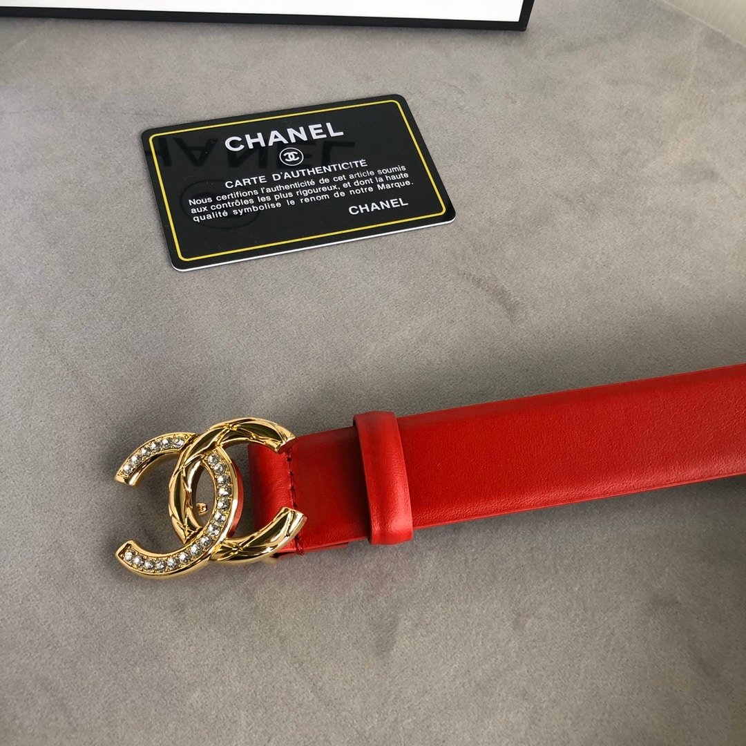 Ch**el Leather Belt With Cc Pearl And Gold Tone Metal Red 3Cm