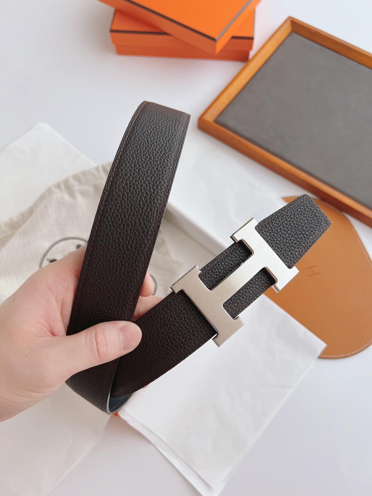 H**me5 Belt Togo Swift Silver Buckle Brown 38Mm