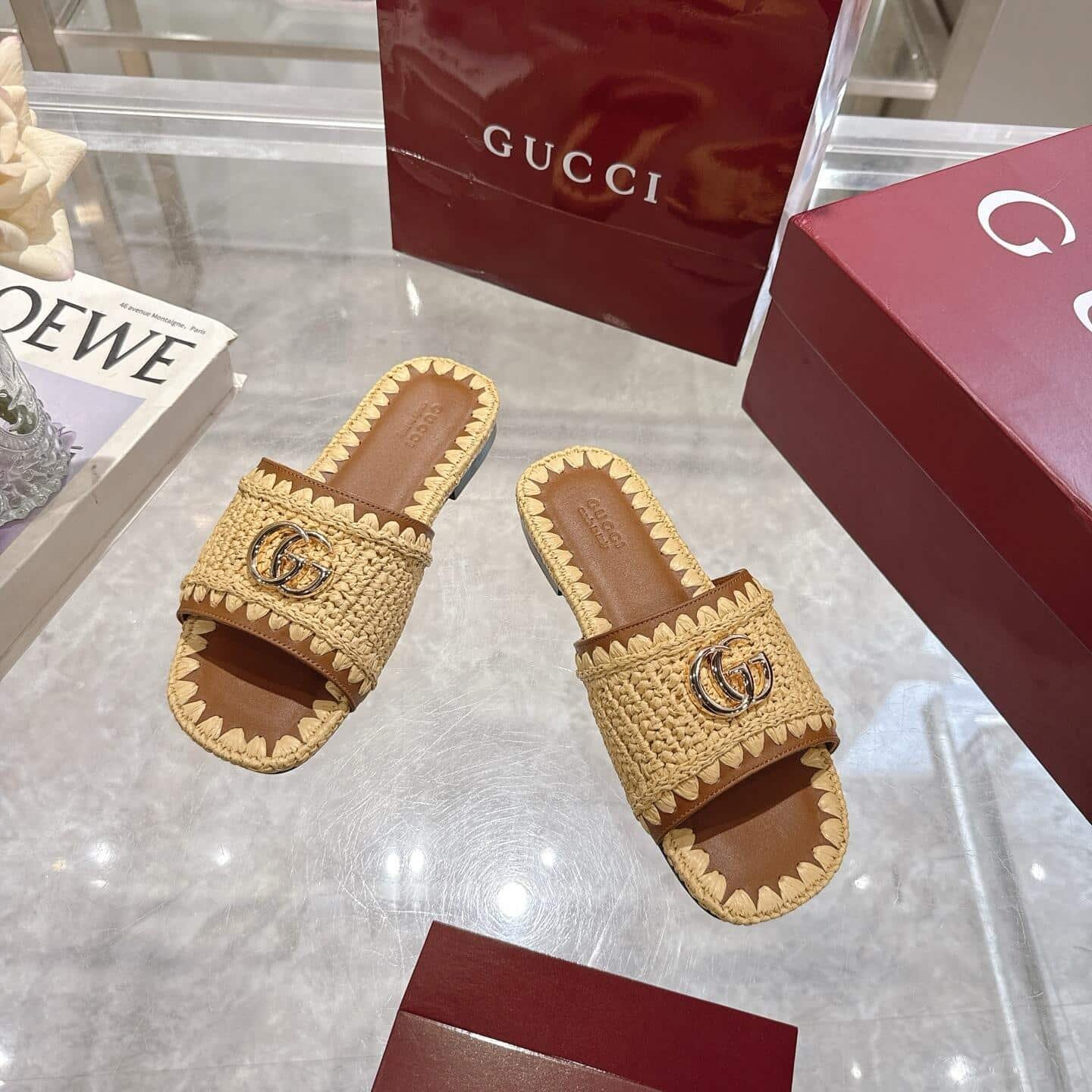 Gvc*1 Women Slide Sandal With Double G Raffia Crochet 835084 Faeq3 9642