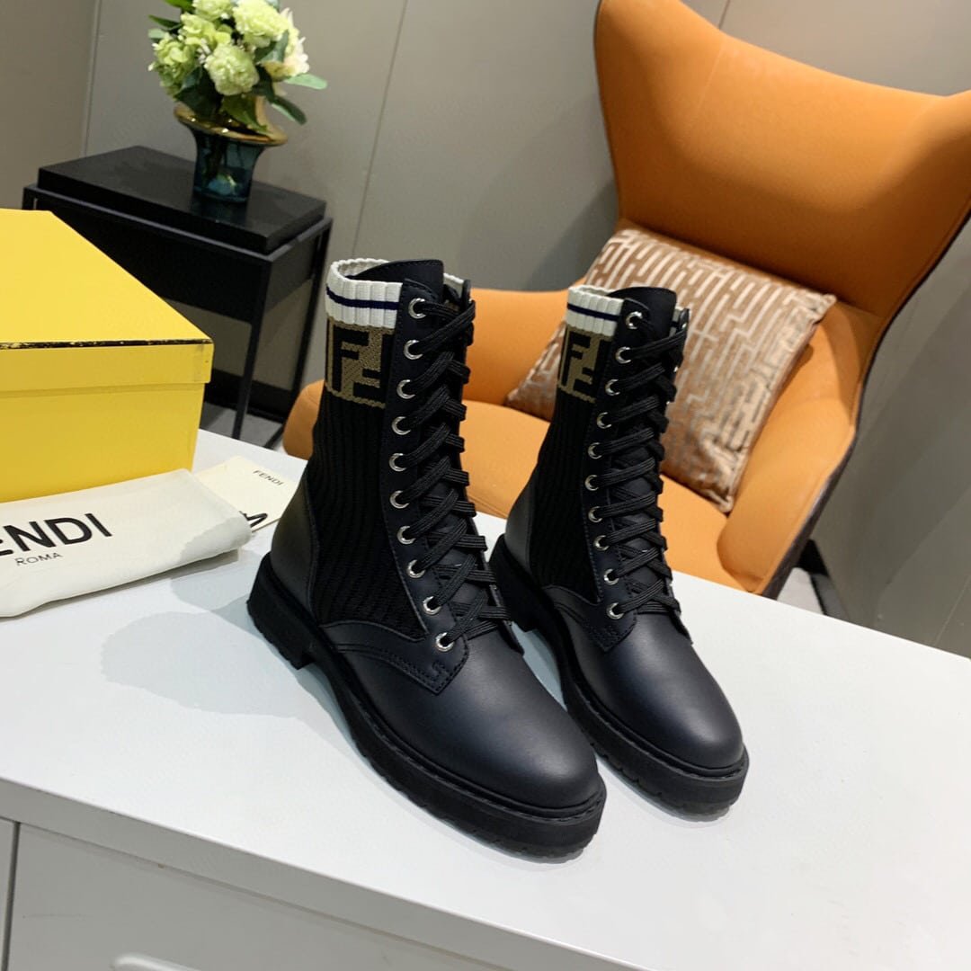 F**di Leather Biker Boots With Beige Ff Cuff Black